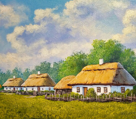 Rural house in the countryside. Beautiful paintings rural landscape, garden, trees, flowers, illustration painted by the artist