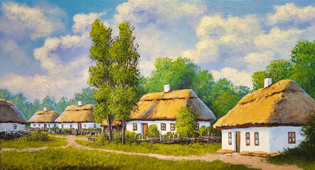 Rural house in the countryside. Beautiful paintings rural landscape, garden, trees, flowers, illustration painted by the artist