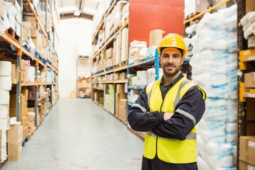 Male warehouse worker wearing hard hat in warehouse aisle next to stacked boxes, copy space