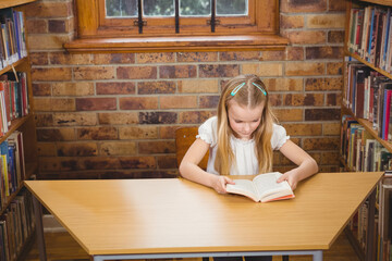 Girl reading paperback book at wooden desk in library with exposed brick wall and bookshelves