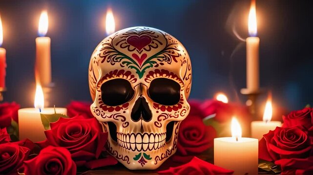 Dia de muertos, sugar skull with detailed patterns among red roses