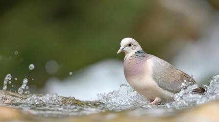 Obraz premium Collared Dove Bird Bathing in Water Splash