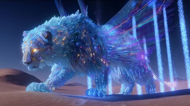 Majestic crystal lion with wings in desert landscape