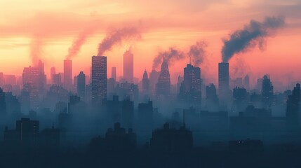 Fototapeta premium A city skyline covered in smog, Air Pollution, Stark and unsettling