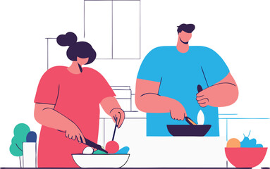 Isometric Vector of Characters Preparing a Healthy Vegetable Meal at Home

