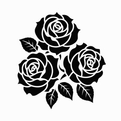  Three roses cluster, black silhouette, clean edges, white background
