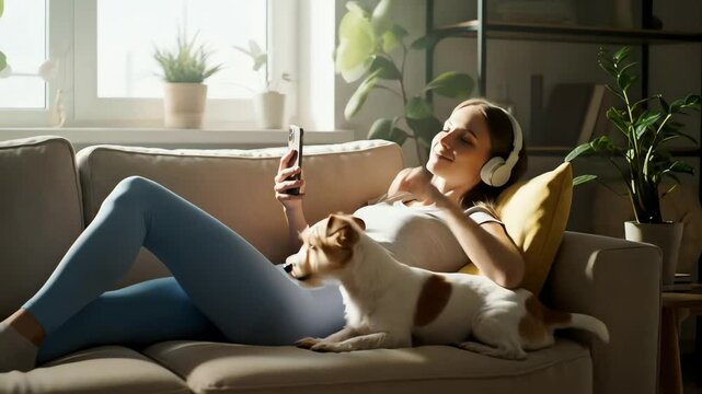 Relaxed Woman Enjoying a Cozy Evening at Home with Her Dog, Listening to Music and Relaxing on the Couch