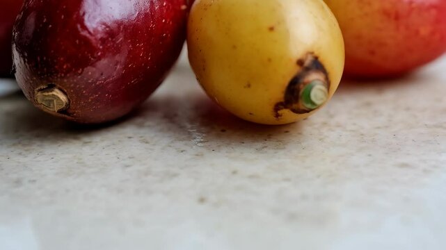Still life showing multiple fresh Imbu fruits with diverse colors on a textured surface for a healthy lifestyle visual