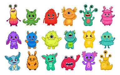 Big set of cartoon monsters. Cute monsters. Kids funny character design for posters, cards., magazins. Vector illustration
