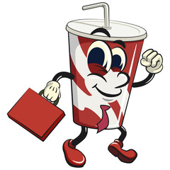 soft drink paper cups retro vektor illustration mascot character in a suitcase rushing to the office, work of hand drawn