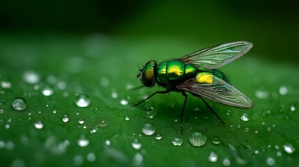Naklejka premium Vibrant Green Fly on Dewy Leaf Surface