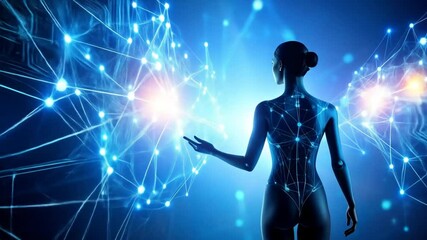 Futuristic human touching digital network and data connections on blue background - Powered by Adobe