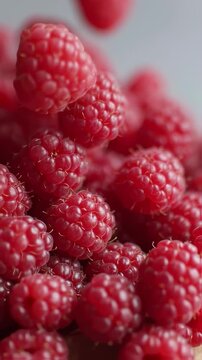 Vertical video Perfectly Juicy Ripe Raspberries. Fresh organic ripe raspberry fruit. Fresh Raspberries