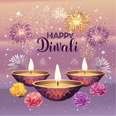 A luminous Diwali celebration with traditional lamps and festive text, glowing in rich colors.
