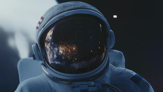 Starry galaxy reflecting across astronaut's helmet visor during spacewalk, featuring american flag patch on spacesuit against cosmic background of deep space exploration