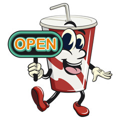 soft drink paper cups retro vektor illustration mascot character showing a sign that says open, work of hand drawn