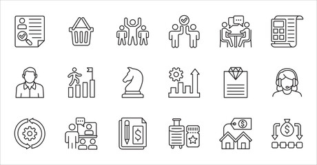 Business company and Management icon set. Contains symbol of teamwork, target, market, global, success, customer service, leadership, holiday, asset, meeting, entrepreneur. Vector illustration