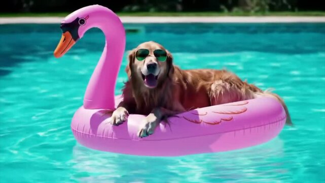 A golden retriever lounges on a pink flamingo float in a sparkling blue pool, basking in the sun. The cheerful atmosphere highlights a perfect summer day with joy and relaxation