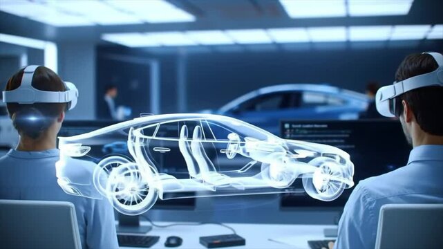 Two professionals engage with advanced virtual reality tools in a sleek design studio. They interact with a detailed 3D model of a car, showcasing futuristic design techniques
