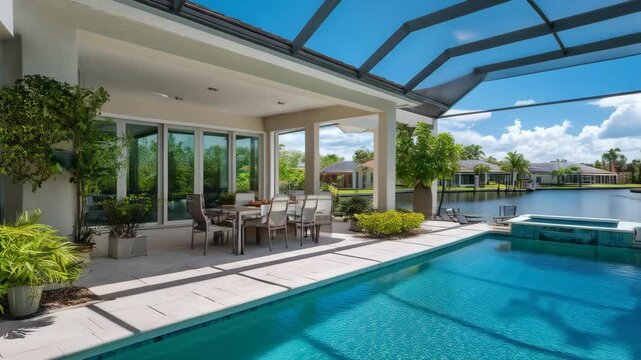 Modern house with swimming pool and terrace overlooking waterfront canal under blue sky. Exterior view of luxury residence architecture.