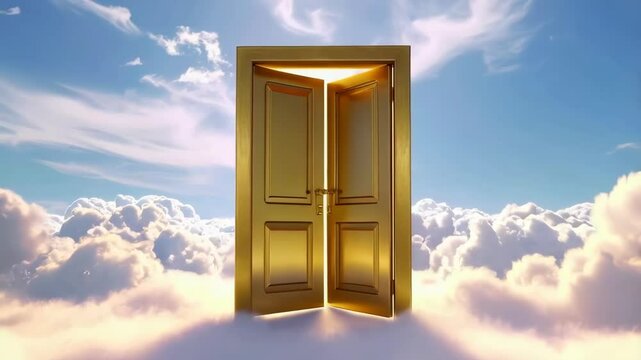 Open golden door with bright light in sky full of fluffy white clouds, gate to heaven concept, religious hope and divine blessing, afterlife passage to eternity