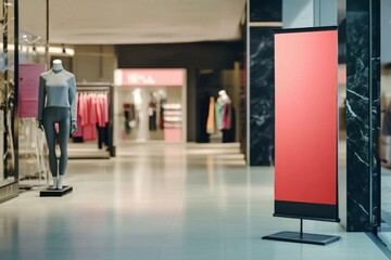  Pull-up banner mockup in modern mall setting with fashion store background for advertising and promotional use