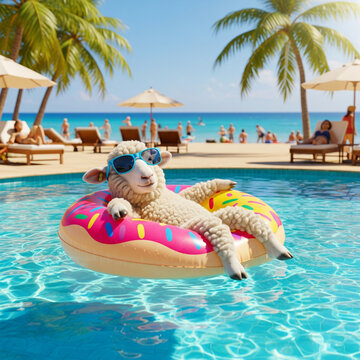 Sheep floating in a pool on a donut floatie, wearing sunglasses. Beach scene in background with palm trees and people. Summer fun, vacation vibes.