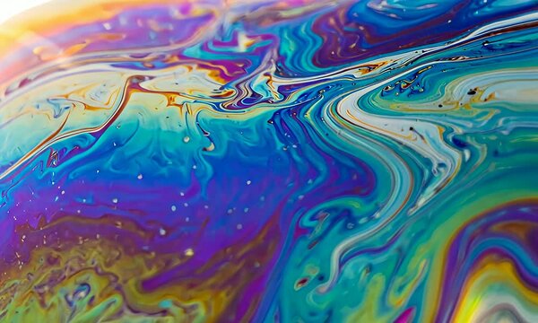 Iridescent soap film with flowing waves of teal, purple, and gold hues