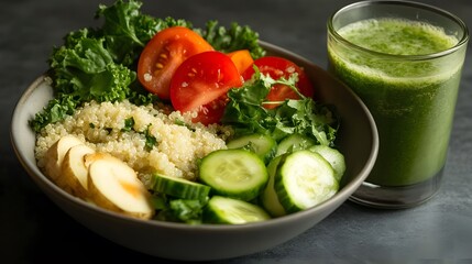 Vibrant Quinoa Bowl with Sliced Tomatoes, Cucumbers, and Kale Al