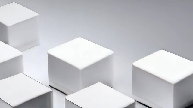Multiple white boxes arranged in a minimalist still life setting against a clean, bright white background, showcasing geometric shapes.