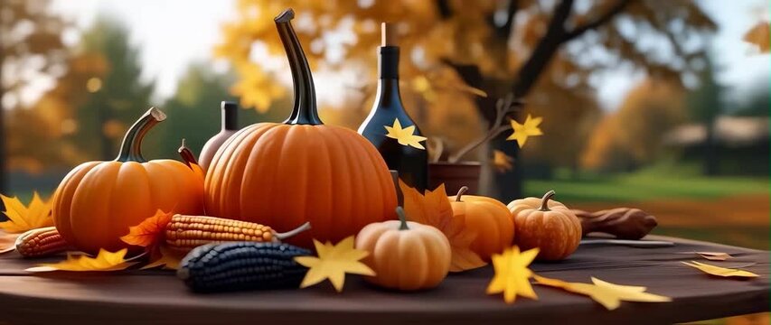 Anamorphic video Autumn thanksgiving day background, pumpkins and autumn vegetables and fruits