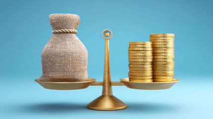 Investment money and dividend create passive income shown by balanced scale with coins and sack