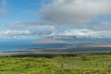Beautiful aerial Maui vista with the Maalaea Bay and West Maui visible in the distance, Hawaii