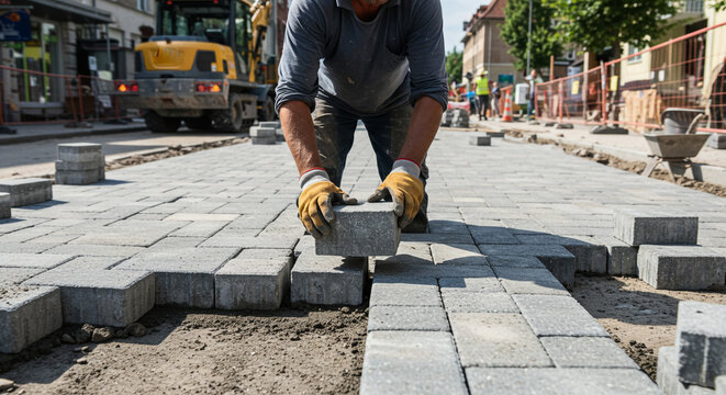 Crafting Pathways Man Building Stone Road Construction Worker paving gray bricks roadwork expertise