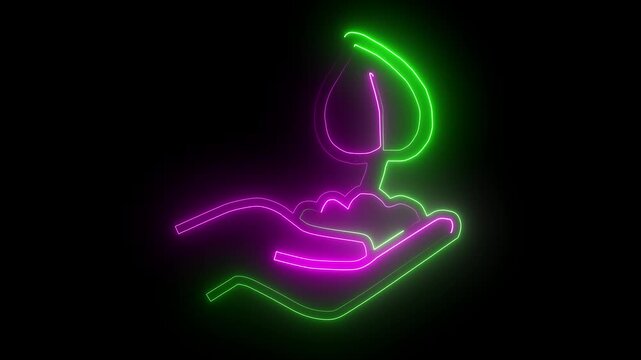 Glowing neon line Plant in hand of environmental protection icon isolated on black background. Seed and seedling. Planting sapling. Ecology concept. 4K Video motion graphic animation