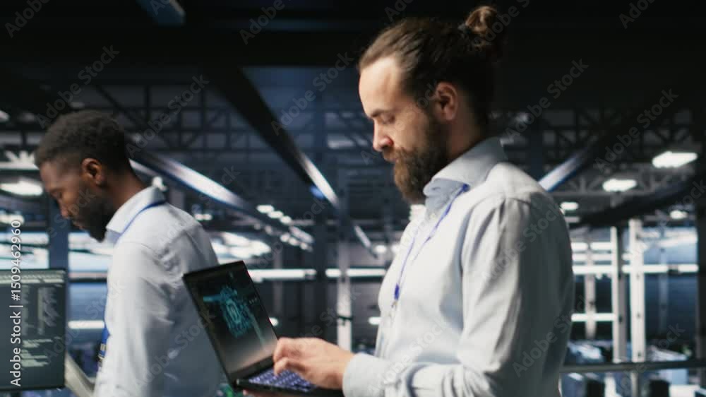 Poster technician holding laptop walking on server farm platform, doing ai machine learning automatization.