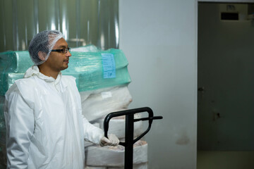 Asian man wearing lab coat, hairnet operating pallet jack by pallets in cold storage, copy space