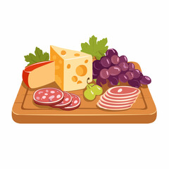 A charcuterie board with cheese, meat, and grapes
