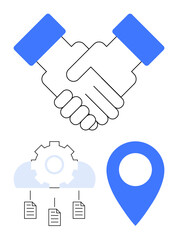 Handshake above cloud with gear, file flowchart, and location pin. Ideal for teamwork, partnerships, workflow, file sharing, navigation technology cooperation. Flat simple metaphor