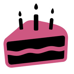 A pink slice of birthday cake with three lit candles, illustrated in a simple, bold style.