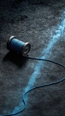 Blue thread spool on dark surface