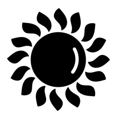 A simple black illustration of a sun with stylized rays.
