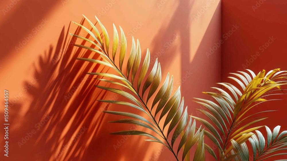 Poster bright orange walls serve as a lively backdrop, showcasing detailed palm shadows that enhance the tr