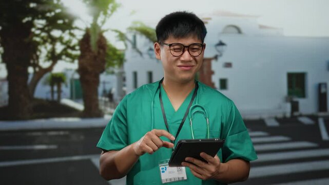 Young man in green scrubs using a tablet outdoors with stethoscope on city street with blurred background of trees and buildings indicating a medical professional on the move