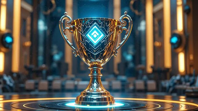 A golden trophy with a blue glowing diamond on a platform in a futuristic setting with chairs