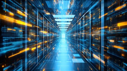 Abstract Digital Data Center Corridor Futuristic Technology Server Room Blue Orange Glowing Lines Network Information Technology Infrastructure Modern Digital World High Tech      