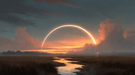 Luminous sunrise arch over landscape