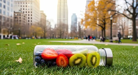 Fototapeta premium Refreshing Fruit Infusion: Healthy Hydration in the City Park