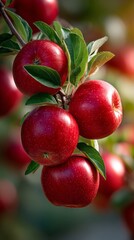 Obraz premium Bright red apples cluster on branches, showcasing their glossy skin and healthy green leaves. The sunlight filters through, highlighting the abundance in this cheerful orchard