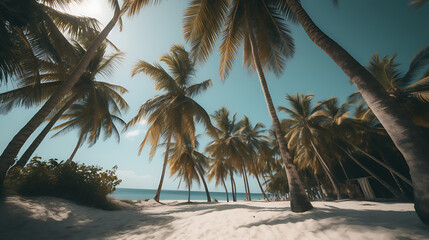 Low-angle shot of palm trees on a tropical island beach